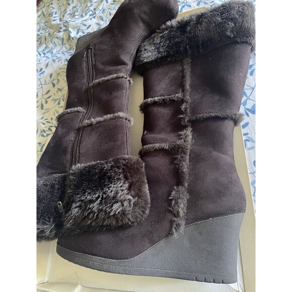 Decree Womens Boots 8.5M Knee High Brown Zip Up Round Toe Wedge 3" Heel - Picture 9 of 10